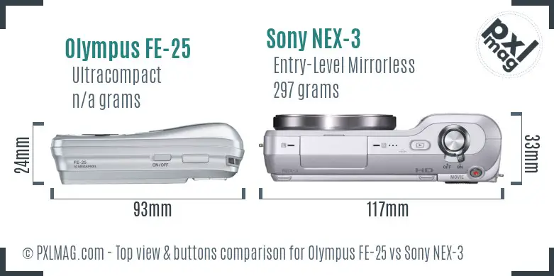 Olympus FE-25 vs Sony NEX-3 top view buttons comparison