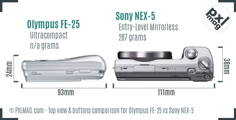Olympus FE-25 vs Sony NEX-5 top view buttons comparison