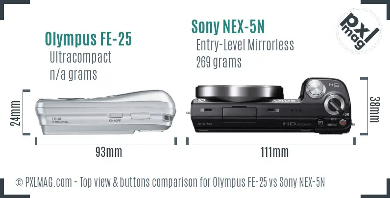 Olympus FE-25 vs Sony NEX-5N top view buttons comparison