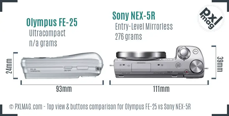 Olympus FE-25 vs Sony NEX-5R top view buttons comparison
