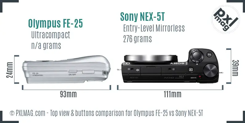 Olympus FE-25 vs Sony NEX-5T top view buttons comparison