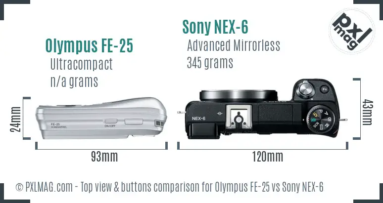 Olympus FE-25 vs Sony NEX-6 top view buttons comparison