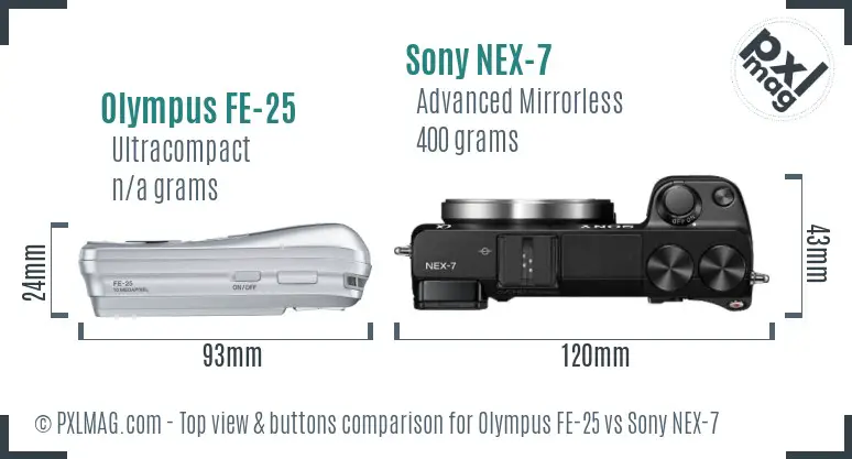 Olympus FE-25 vs Sony NEX-7 top view buttons comparison