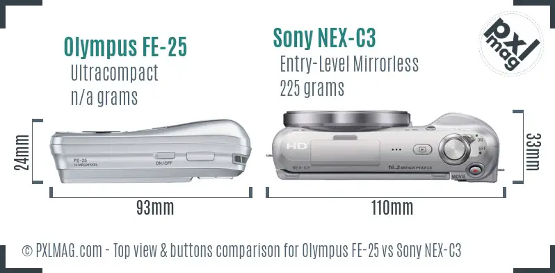 Olympus FE-25 vs Sony NEX-C3 top view buttons comparison