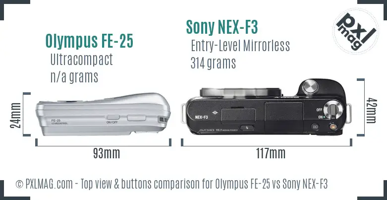 Olympus FE-25 vs Sony NEX-F3 top view buttons comparison