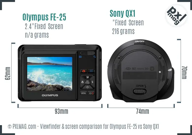 Olympus FE-25 vs Sony QX1 Screen and Viewfinder comparison