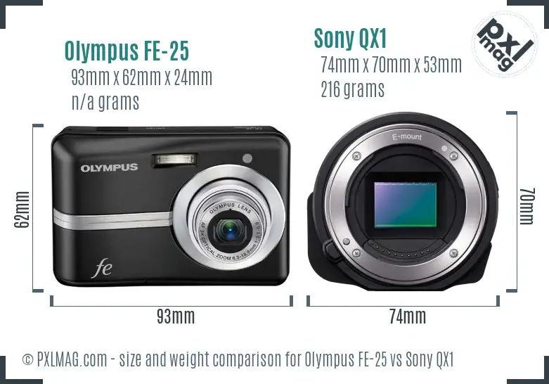 Olympus FE-25 vs Sony QX1 size comparison