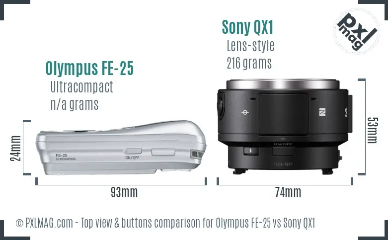 Olympus FE-25 vs Sony QX1 top view buttons comparison