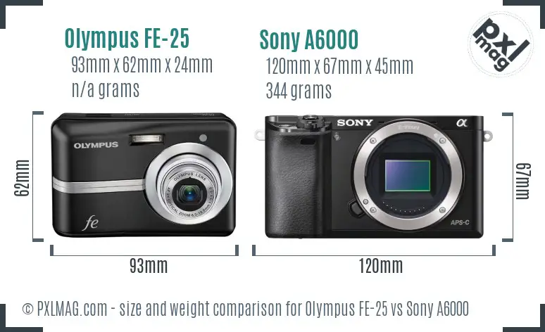 Olympus FE-25 vs Sony A6000 size comparison