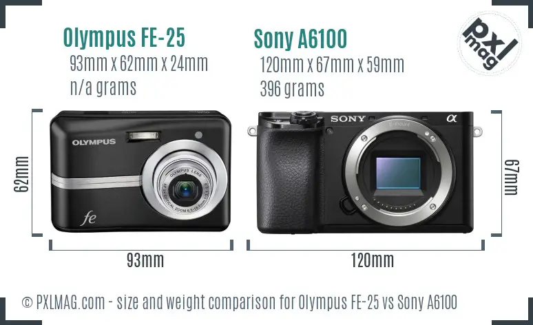 Olympus FE-25 vs Sony A6100 size comparison