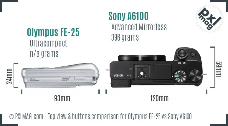Olympus FE-25 vs Sony A6100 top view buttons comparison