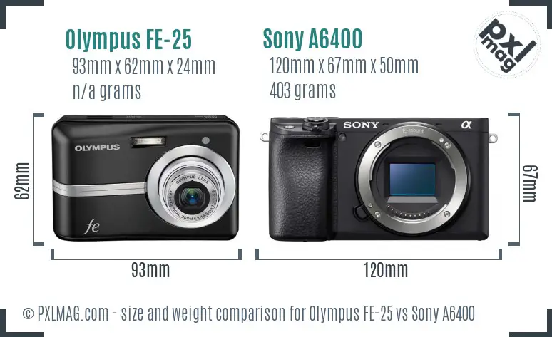Olympus FE-25 vs Sony A6400 size comparison