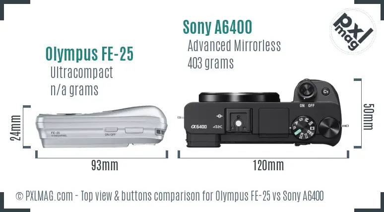 Olympus FE-25 vs Sony A6400 top view buttons comparison