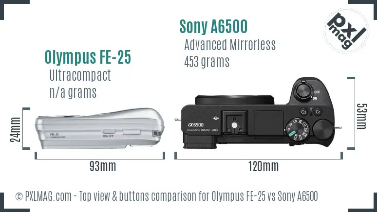 Olympus FE-25 vs Sony A6500 top view buttons comparison