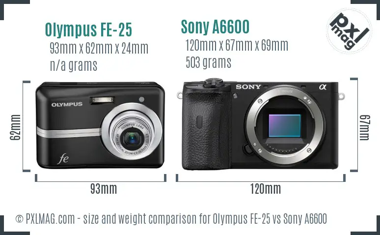 Olympus FE-25 vs Sony A6600 size comparison