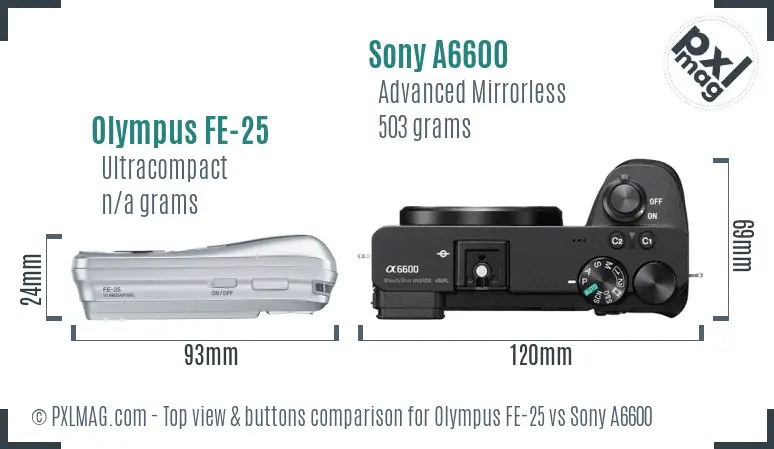 Olympus FE-25 vs Sony A6600 top view buttons comparison