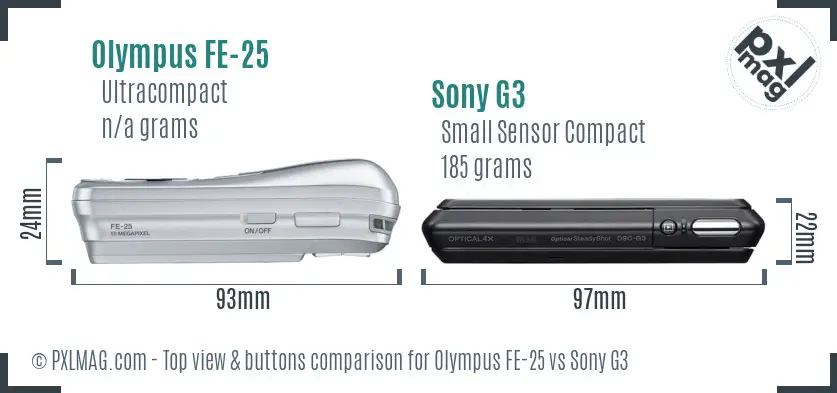 Olympus FE-25 vs Sony G3 top view buttons comparison