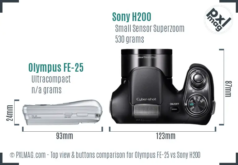 Olympus FE-25 vs Sony H200 top view buttons comparison
