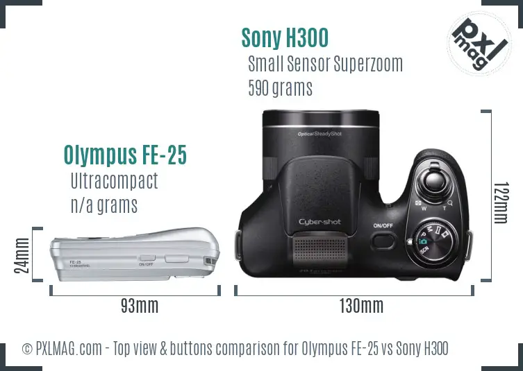 Olympus FE-25 vs Sony H300 top view buttons comparison