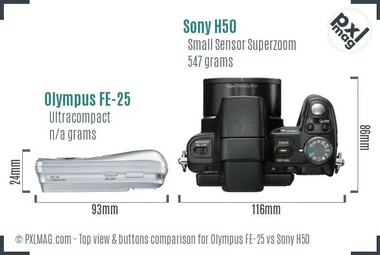 Olympus FE-25 vs Sony H50 top view buttons comparison