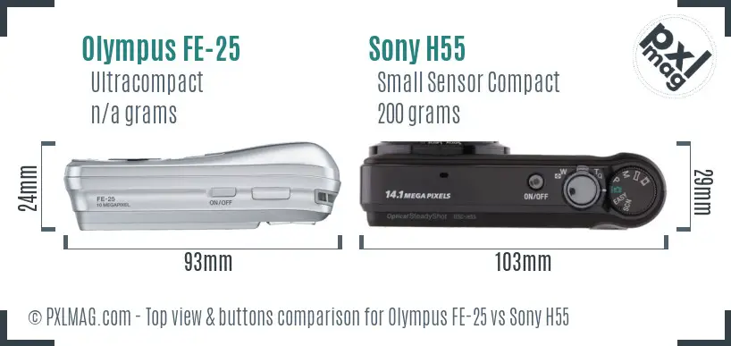 Olympus FE-25 vs Sony H55 top view buttons comparison