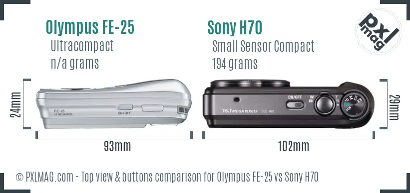 Olympus FE-25 vs Sony H70 top view buttons comparison