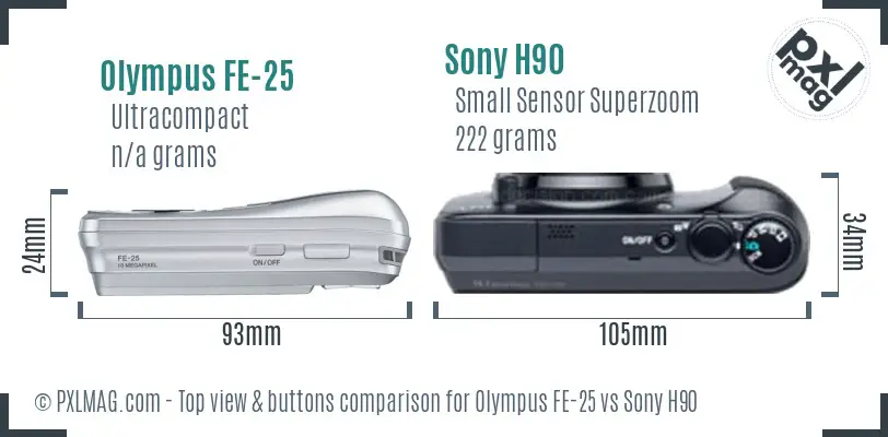 Olympus FE-25 vs Sony H90 top view buttons comparison