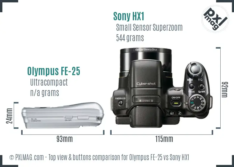 Olympus FE-25 vs Sony HX1 top view buttons comparison
