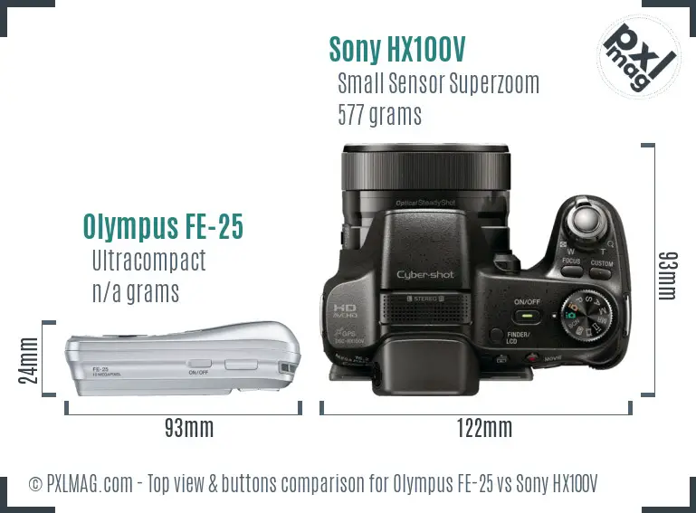 Olympus FE-25 vs Sony HX100V top view buttons comparison