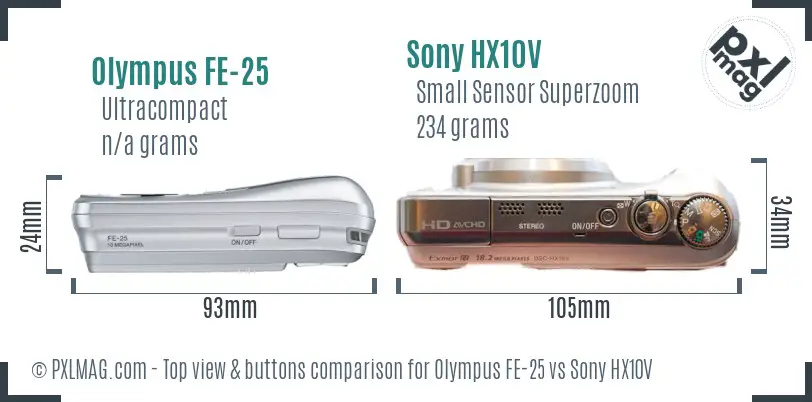 Olympus FE-25 vs Sony HX10V top view buttons comparison