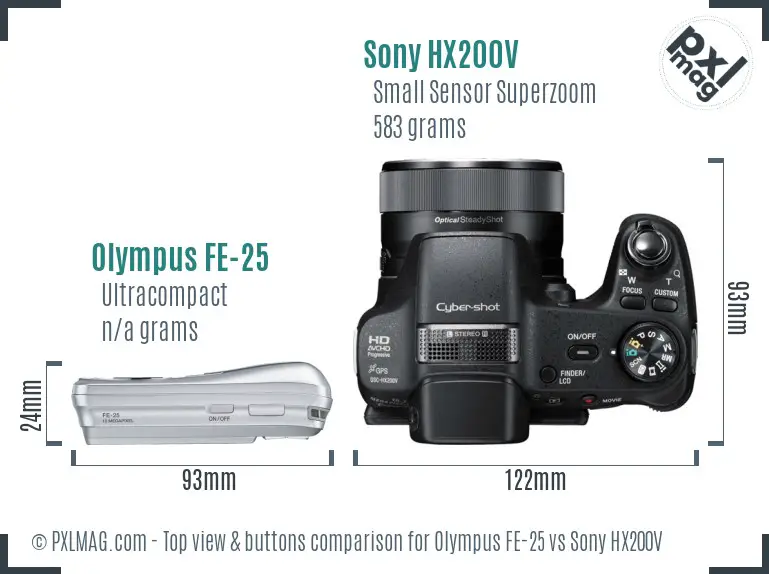 Olympus FE-25 vs Sony HX200V top view buttons comparison