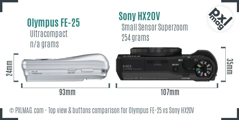 Olympus FE-25 vs Sony HX20V top view buttons comparison