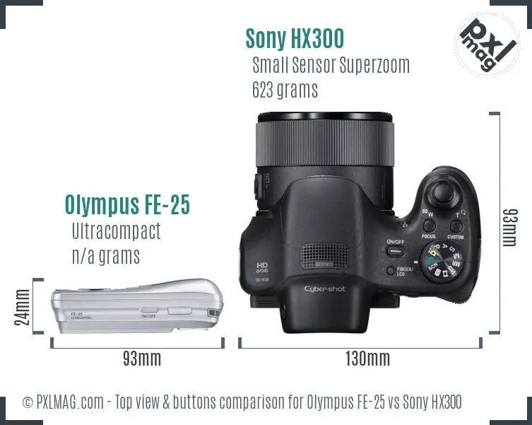 Olympus FE-25 vs Sony HX300 top view buttons comparison