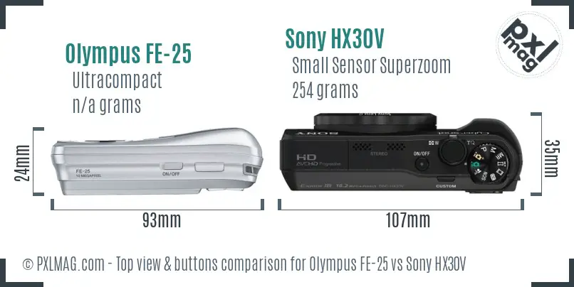 Olympus FE-25 vs Sony HX30V top view buttons comparison