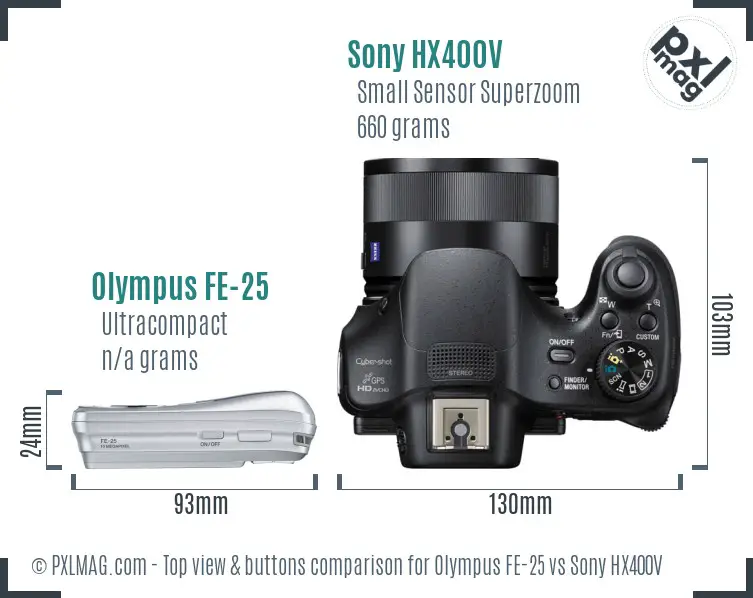 Olympus FE-25 vs Sony HX400V top view buttons comparison