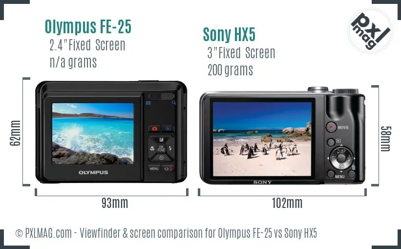 Olympus FE-25 vs Sony HX5 Screen and Viewfinder comparison