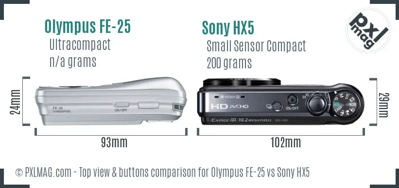 Olympus FE-25 vs Sony HX5 top view buttons comparison