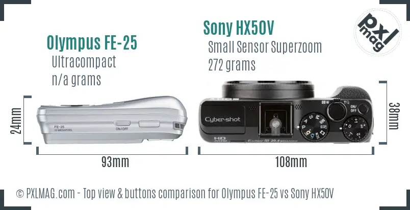 Olympus FE-25 vs Sony HX50V top view buttons comparison
