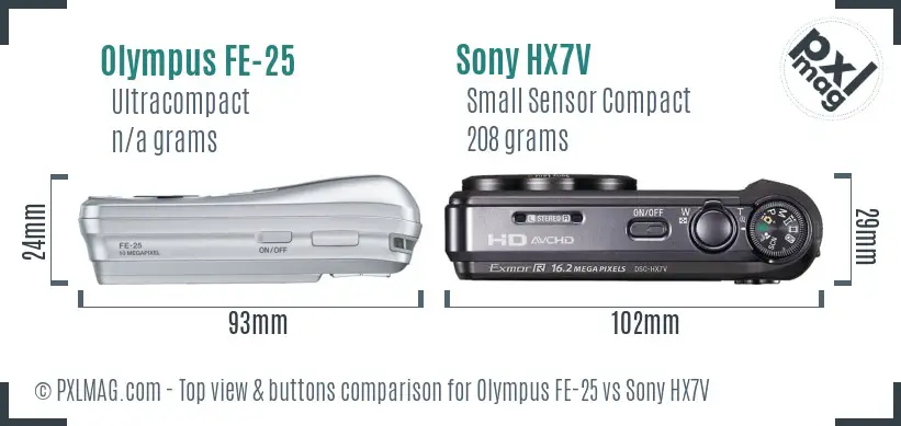 Olympus FE-25 vs Sony HX7V top view buttons comparison