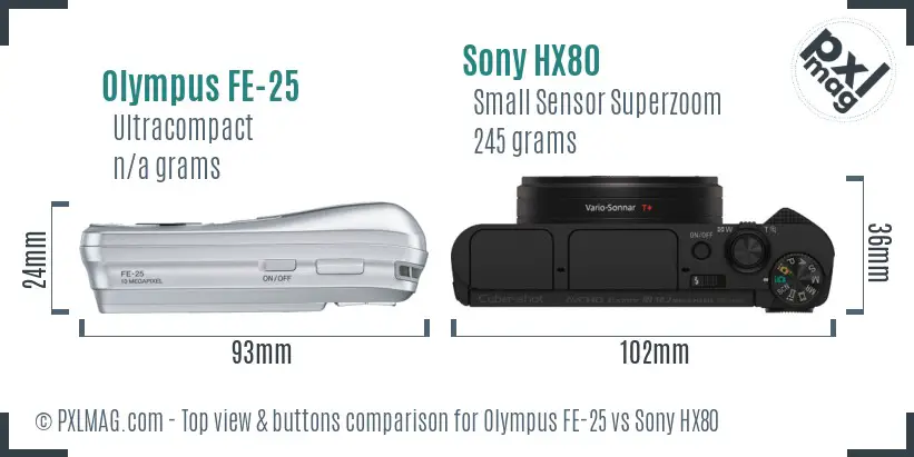 Olympus FE-25 vs Sony HX80 top view buttons comparison