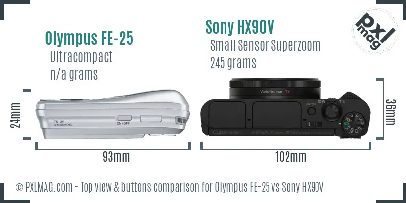 Olympus FE-25 vs Sony HX90V top view buttons comparison
