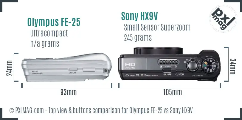 Olympus FE-25 vs Sony HX9V top view buttons comparison