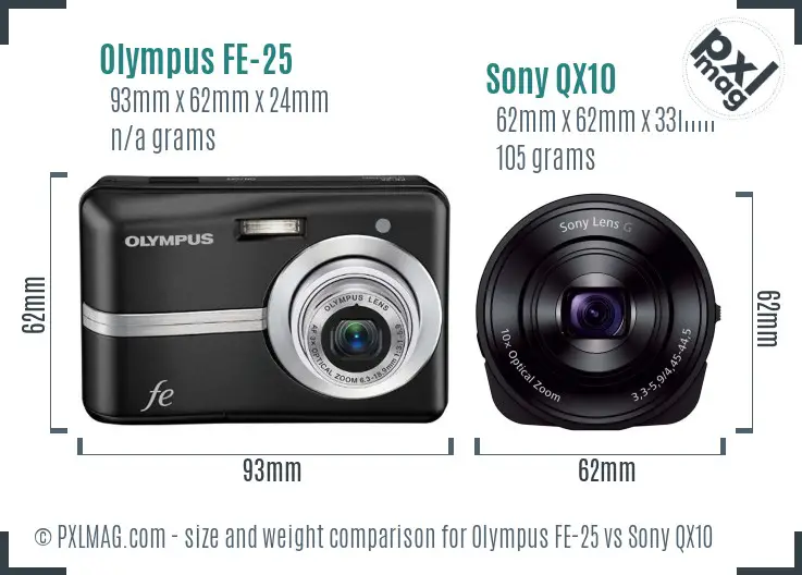 Olympus FE-25 vs Sony QX10 size comparison