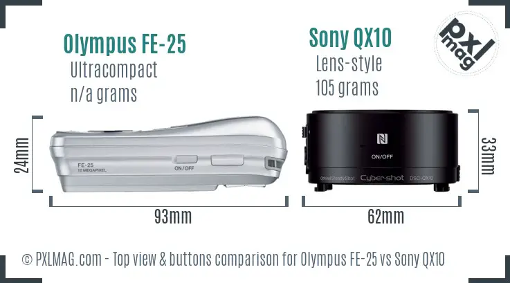 Olympus FE-25 vs Sony QX10 top view buttons comparison