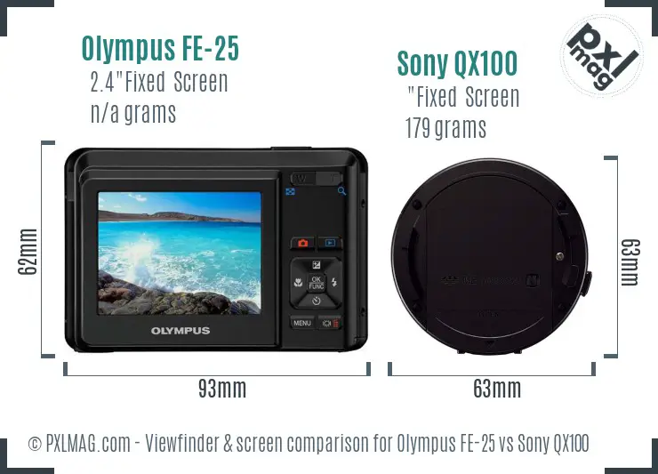 Olympus FE-25 vs Sony QX100 Screen and Viewfinder comparison