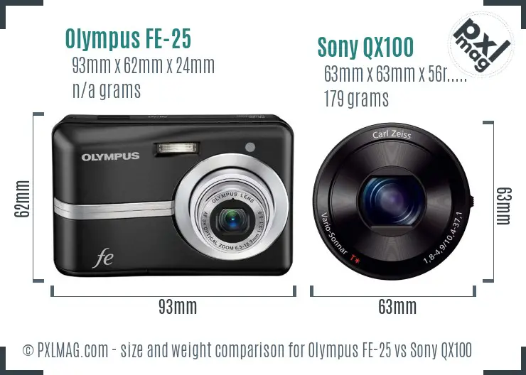 Olympus FE-25 vs Sony QX100 size comparison
