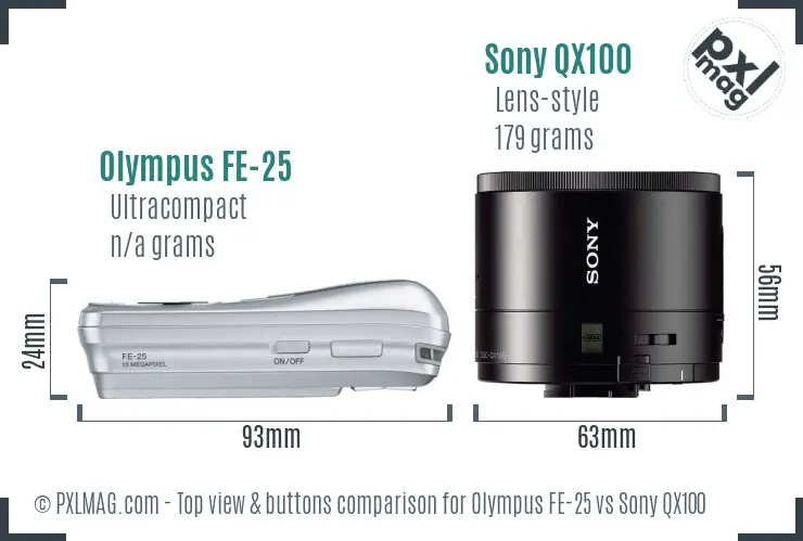 Olympus FE-25 vs Sony QX100 top view buttons comparison