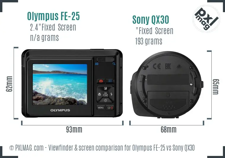 Olympus FE-25 vs Sony QX30 Screen and Viewfinder comparison