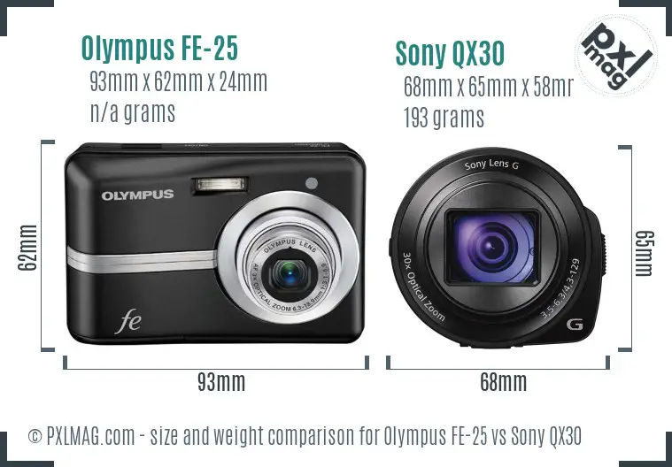 Olympus FE-25 vs Sony QX30 size comparison