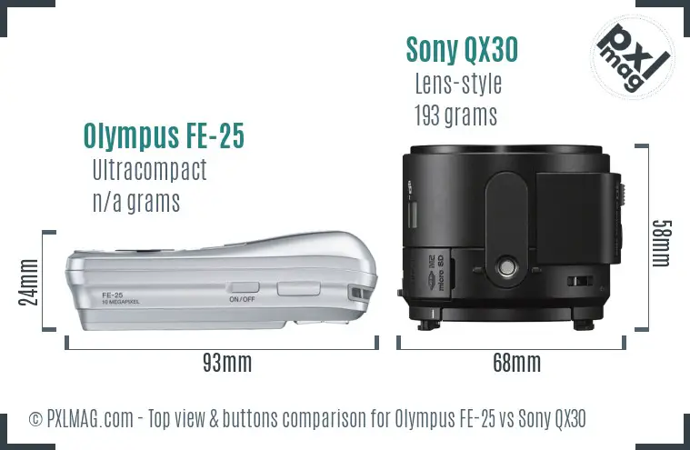 Olympus FE-25 vs Sony QX30 top view buttons comparison